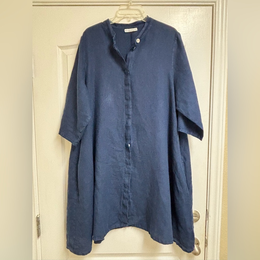 Bryn Walker Dress Linen Large Blue Long Shirt Tunic Pockets Made in USA Lagen - Picture 10 of 16